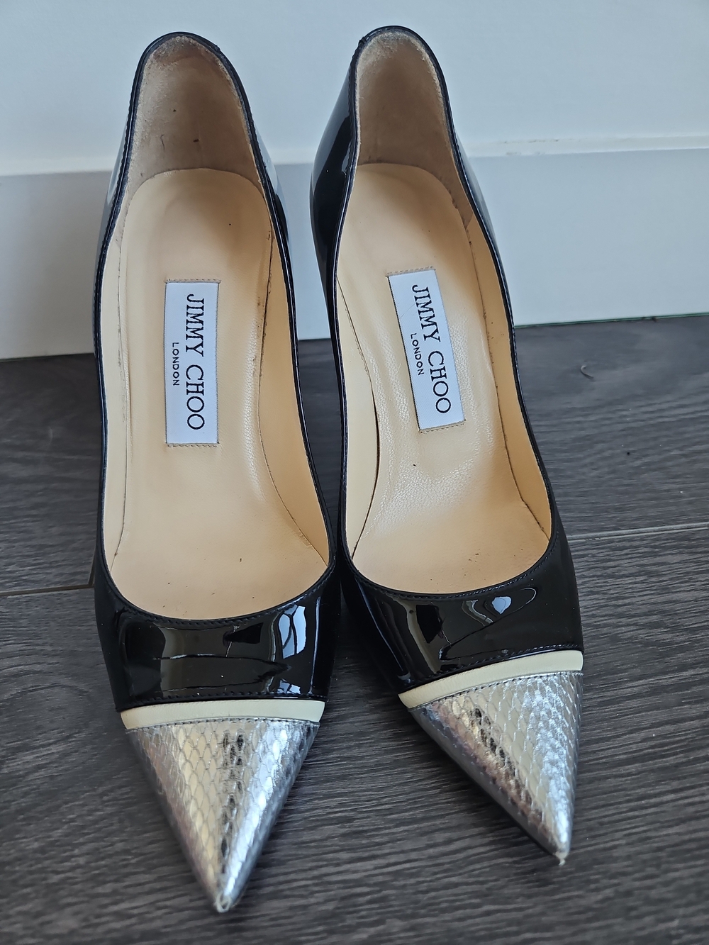 Jimmy Choo Black Patent Pumps with Silver Pointed Toe
